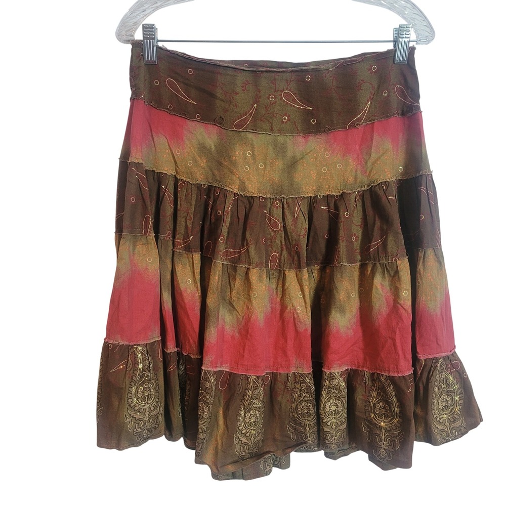 Bebe Brown Pink Paisley Tiered Boho Mini Skirt Small Y2K Fairy Made in France‎